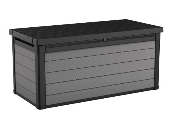 Keter Premier Outdoor 150 Gallon Wood and Resin Deck Box, Black and Gray