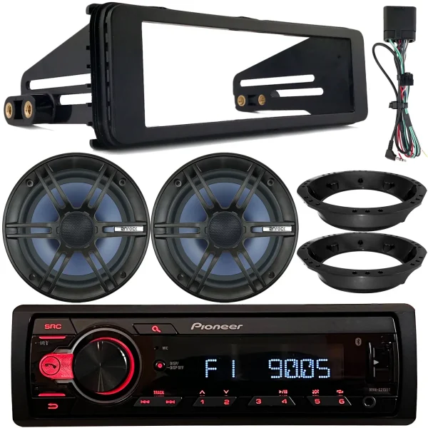 Pioneer MVH-S215BT Single DIN Bluetooth USB AUX AM/FM Radio Receiver, 2x 6.5 120W Marine Speakers, Stereo Install Kit, Speaker Adapters (Fits Select 1998-2013 Harley Davidson Touring Motorcycles)