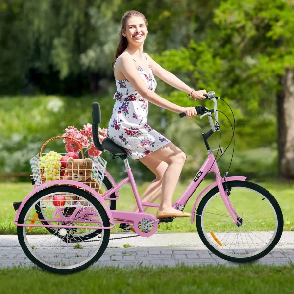BENTISM Foldable Tricycle 24 Wheels, 7-Speed Trike, 3 Wheels Colorful Bike with Basket, Portable and Foldable Bicycle for Adults Exercise Shopping Picnic Outdoor Activities