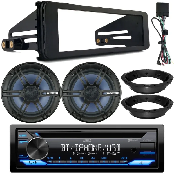 JVC KD-TD72BT Single DIN Bluetooth USB AUX AM/FM Radio CD Receiver, 2x 6.5 120W Marine Speakers, Stereo Install Kit, Speaker Adapters (Fits Select 1998-2013 Harley Davidson Touring Motorcycles)