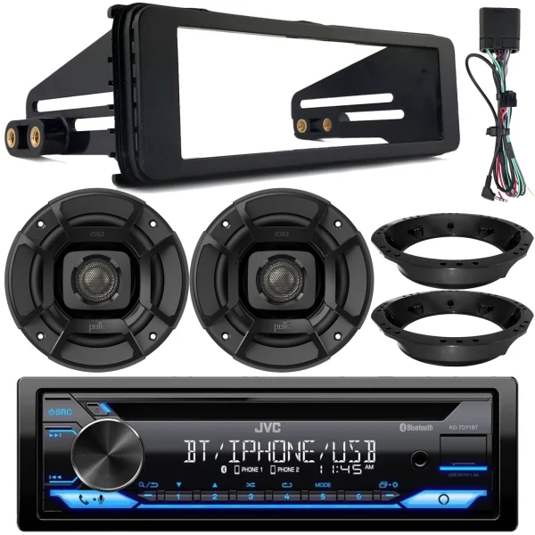 JVC KD-TD71BT Single DIN AM/FM Stereo USB AUX Bluetooth CD Receiver, 2x 6.5 300W Marine Speakers, Stereo Install Kit, Speaker Adapters (Fits Select 1998-2013 Harley Davidson Touring Motorcycles)
