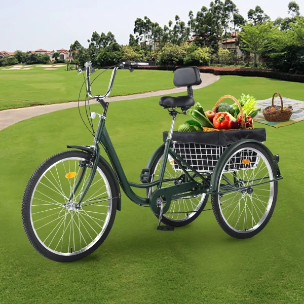 Jacgood Adult Tricycle 26 Wheels 7-Speed Trike 3 Wheels Trike with Basket and Adjustable Paddle Portable Bicycle for Adults Exercise Shopping Picnic Outdoor Activities, Green