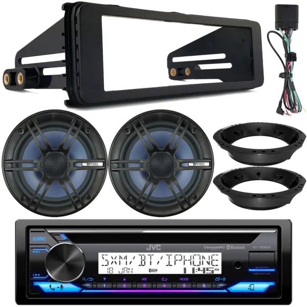 JVC KD-T92MBS Single DIN Marine Bluetooth USB AUX AM/FM CD Receiver, 2x 6.5 120W Marine Speakers, Stereo Install Kit, Speaker Adapters (Fits Select 1998-2013 Harley Davidson Touring Motorcycles)
