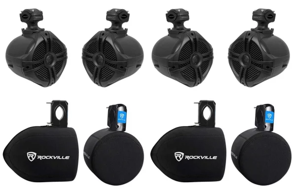 (4) Rockville RWB70B 6.5 Black 500 Watt Marine Wakeboard Tower Speakers+Covers
