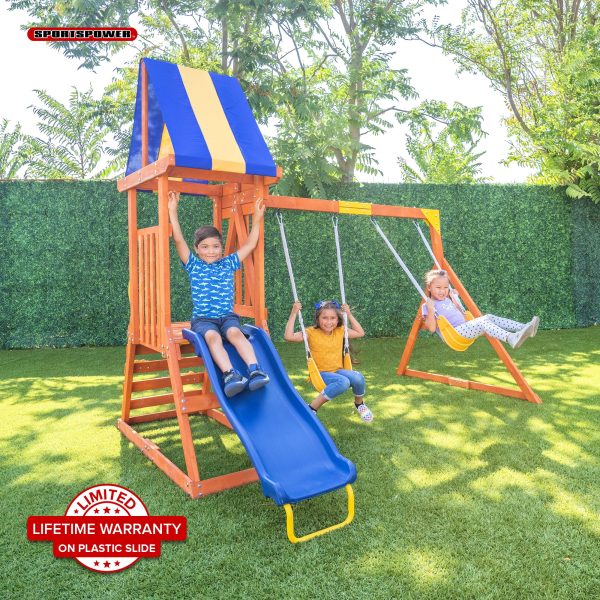 Sportspower My First Wood Swing Set with 2 Swings, Rock Climber & 6′ Double Wall Slide with Lifetime Warranty