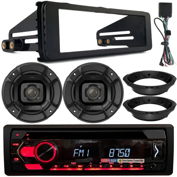 Pioneer DEH-S1250UB Single DIN AM/FM Radio USB AUX CD Receiver, 2x 6.5 300W Marine Speakers, Stereo Install Kit, Speaker Adapters (Fits Select 1998-2013 Harley Davidson Touring Motorcycles)