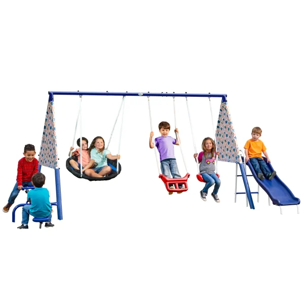 XDP Recreation Freedom Fun Metal Swing Set with Super Disc Saucer Swing, Swing, See-Saw, Slide