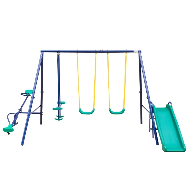 HooKung  Metal Swing Set, 2 Seats,1 Swing Glider, 1 Slide and 1 Seesaw,Bench,Ages 3-8,71”Hight,Bench